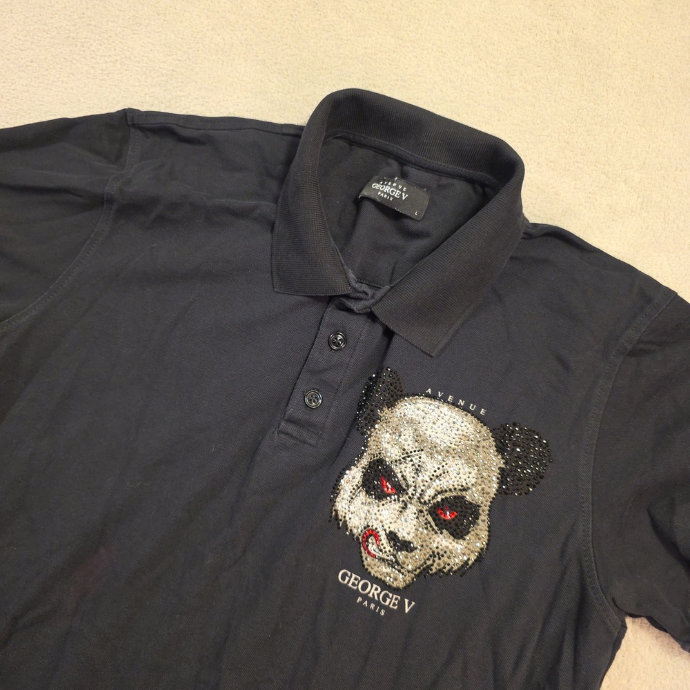 George V Paris Polo Shirt Mens L Black Rhinestone Panda Streetwear Luxury
